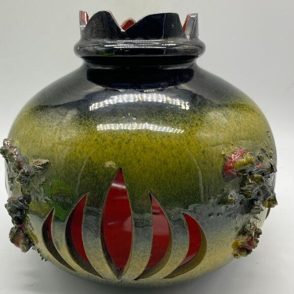 Glit Volcanic Lava Iceland MCM Tri color Pottery lantern votive Blk ,Red,yellow - Picture 3 of 7